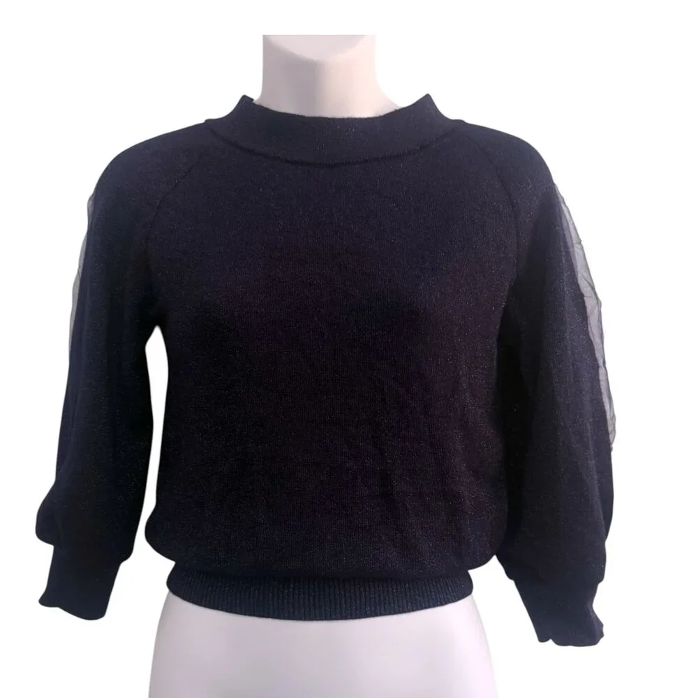 Midnight Blue Sparkle Knit Top | Sheer Sleeve Slits | Size S | NWT - Picture 2 of 8